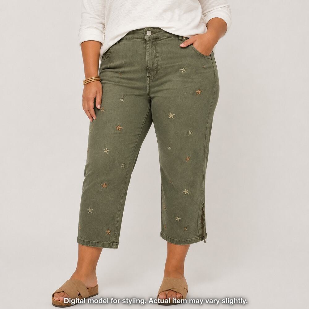 Soft Surroundings Star Embroidered Crop Jeans Womens 24W Olive Green Legging